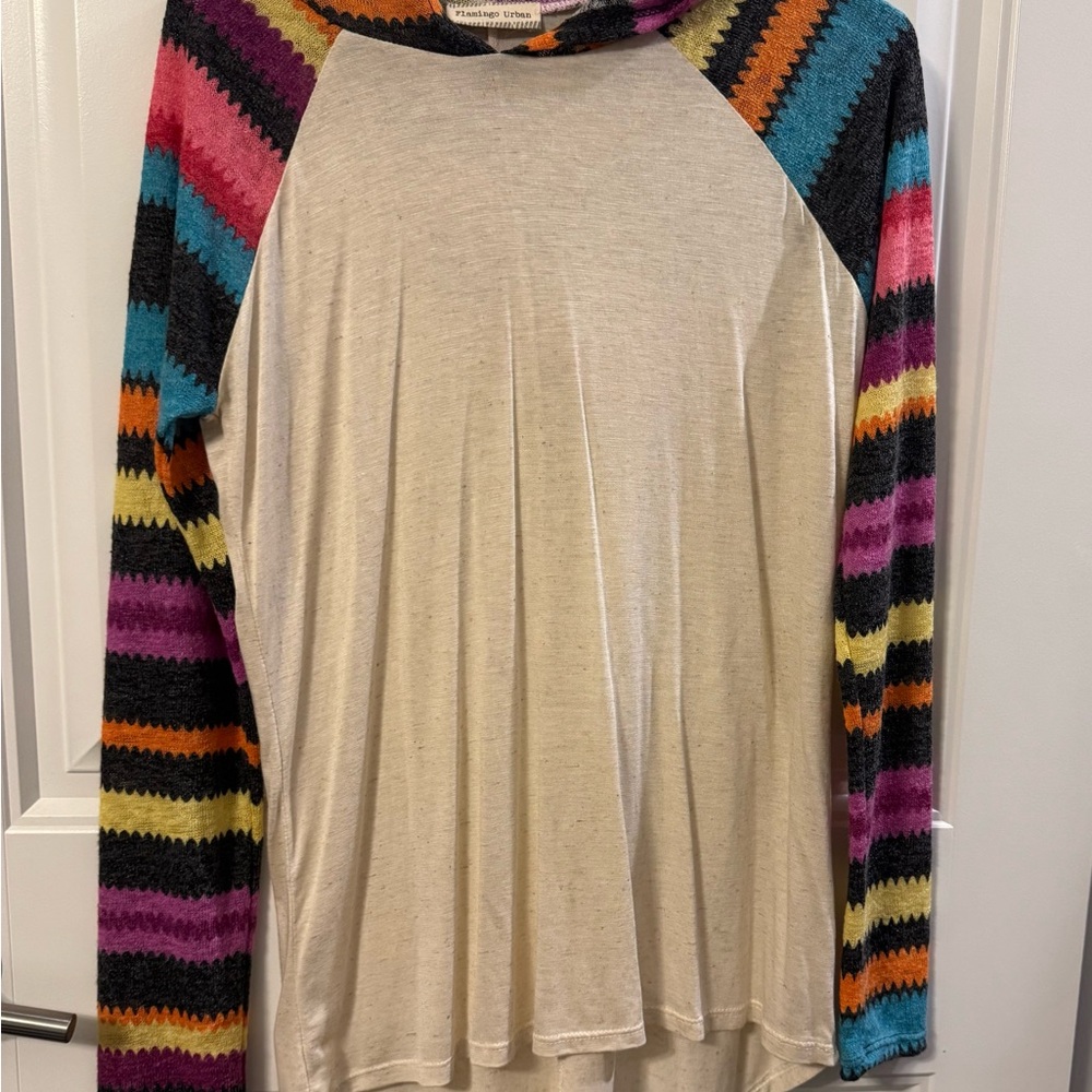 Flamingo Urban Beige Top with Multicolor Striped Sleeves